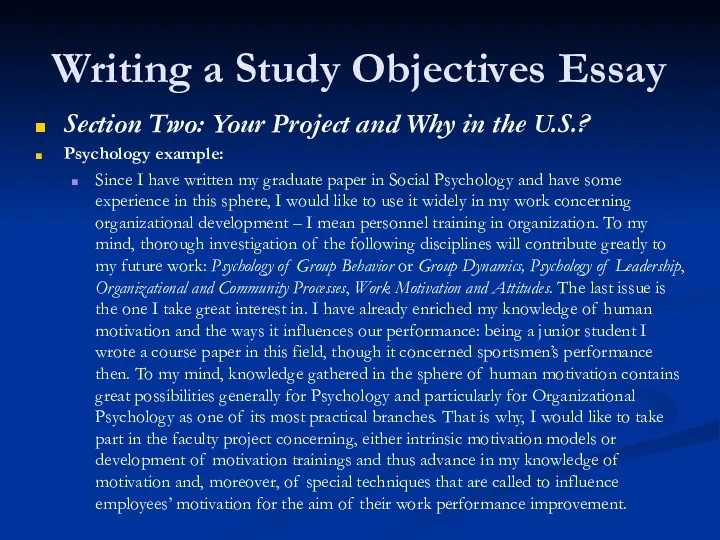 Writing a Study Objectives Essay Section Two: Your Project and