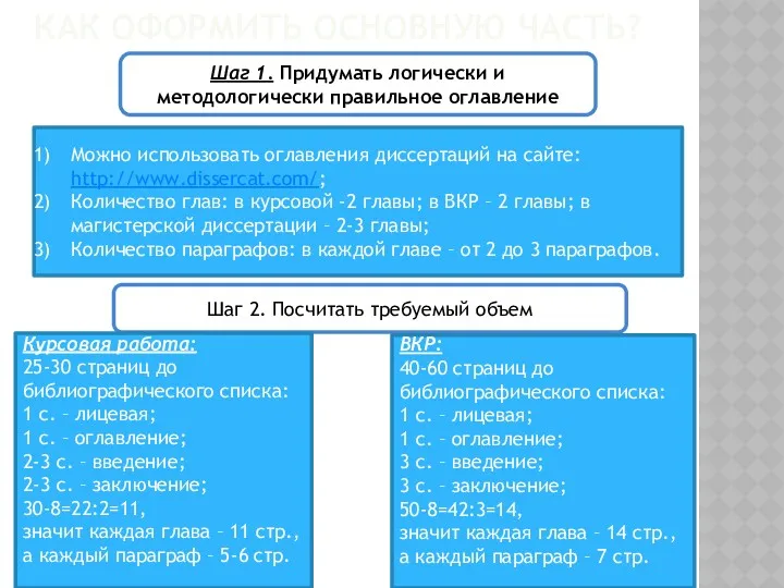 КАК ОФОРМИТЬ ОСНОВНУЮ ЧАСТЬ? Шаг 1. Придумать логически и методологически