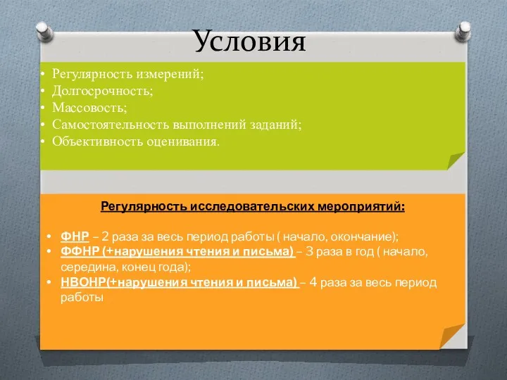 Условия Регулярность измерений; Долгосрочность; Массовость; Самостоятельность выполнений заданий; Объективность оценивания.