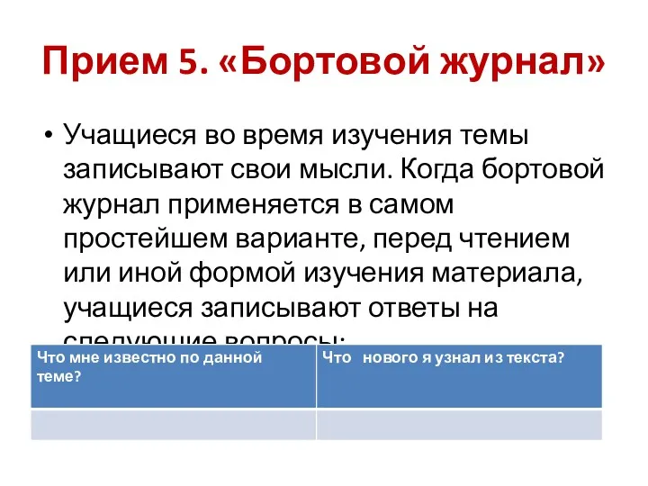 Прием 5. «Бортовой журнал» Учащиеся во время изучения темы записывают