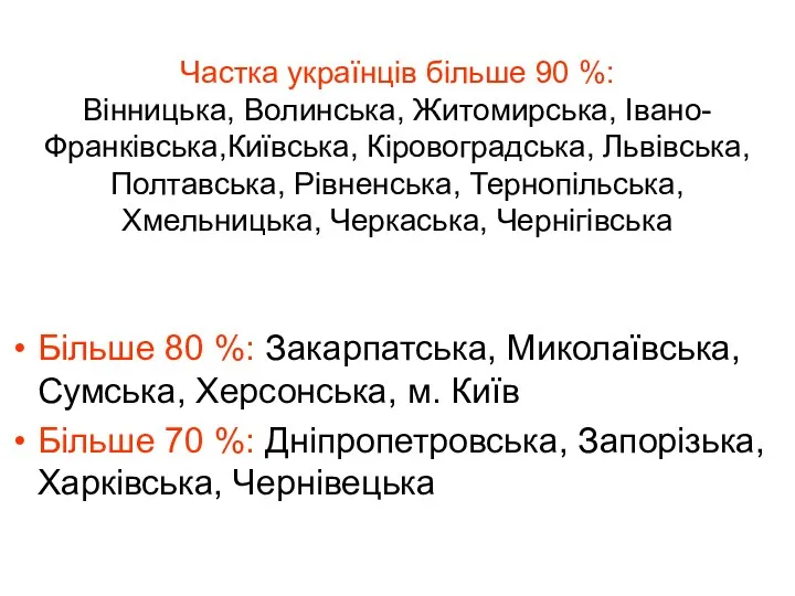 Частка українців більше 90 %: Вінницька, Волинська, Житомирська, Івано-Франківська,Київська, Кіровоградська,