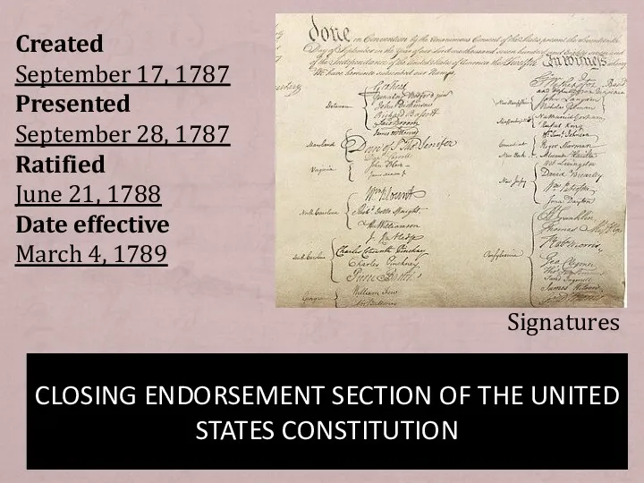 CLOSING ENDORSEMENT SECTION OF THE UNITED STATES CONSTITUTION Created September