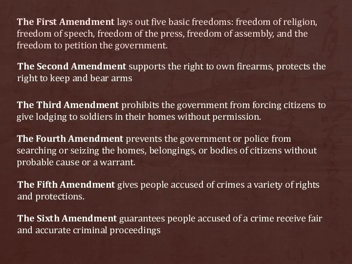 The First Amendment lays out five basic freedoms: freedom of