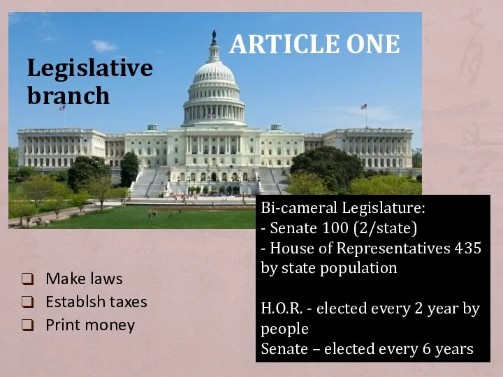 ARTICLE ONE Bi-cameral Legislature: - Senate 100 (2/state) - House