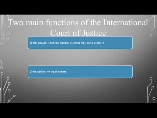 Two main functions of the International Court of Justice Settles