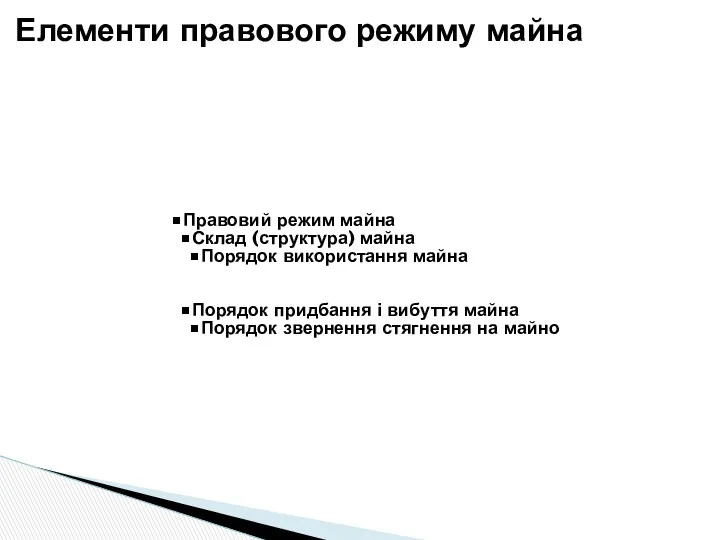 Правовий режим майна Склад (структура) майна Порядок використання майна Порядок