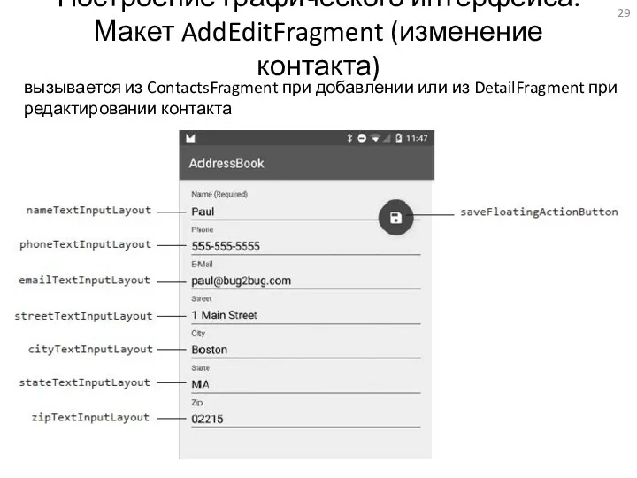 Построение графического интерфейса. Макет AddEditFragment (изменение контакта) вызывается из ContactsFragment