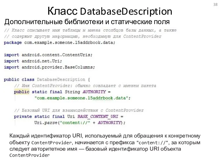 Класс DatabaseDescription Дополнительные библиотеки и статические поля Каждый идентификатор URI,
