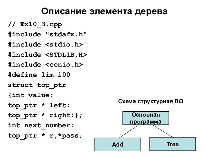 Описание элемента дерева // Ex10_3.cpp #include "stdafx.h" #include #include #include #define lim 100