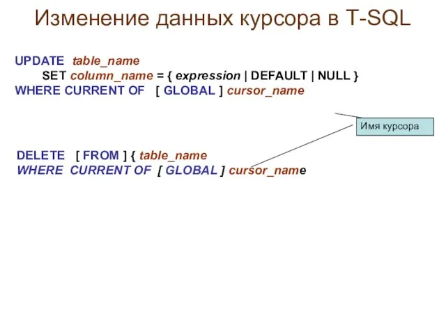 Изменение данных курсора в Т-SQL UPDATE table_name SET column_name =