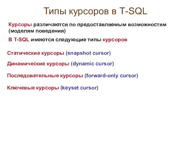 Типы курсоров в Т-SQL Статические курсоры (snapshot cursor) Курсоры различаются