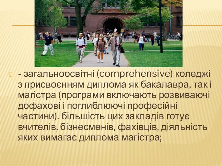 - загальноосвітні (comprehensive) коледжі з присвоєнням диплома як бакалавра, так