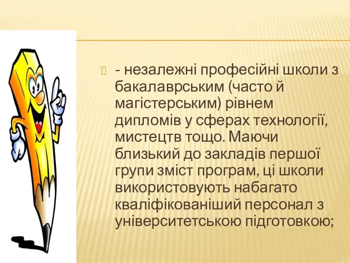 - незалежні професійні школи з бакалаврським (часто й магістерським) рівнем