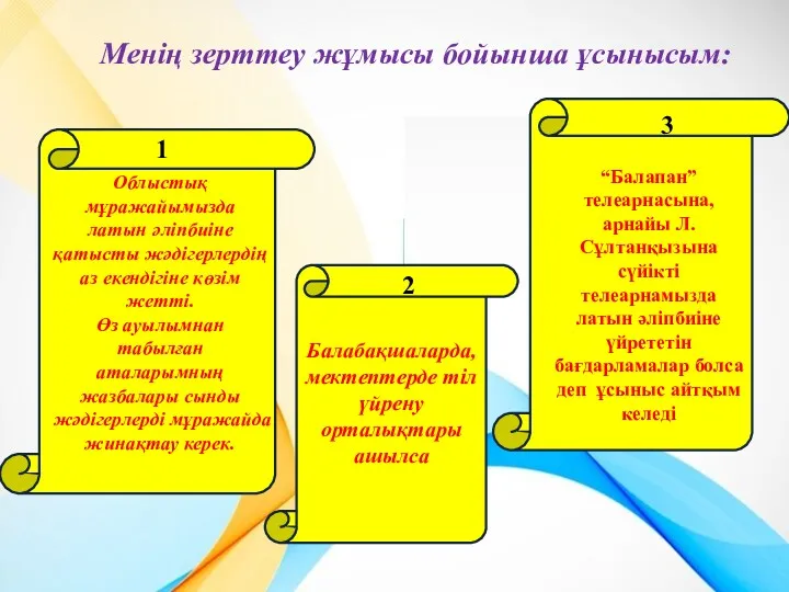 Менің зерттеу жұмысы бойынша ұсынысым: 1 3 2 Облыстық мұражайымызда