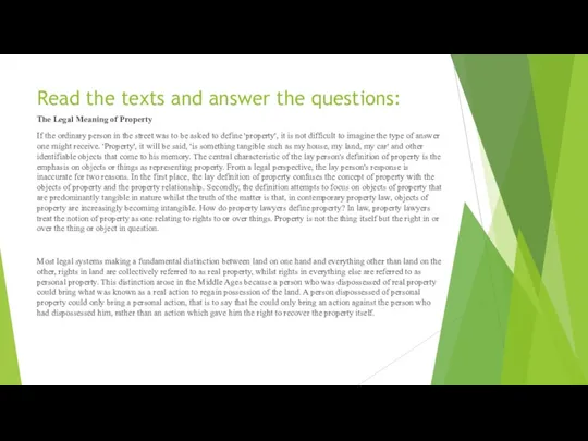 Read the texts and answer the questions: The Legal Meaning