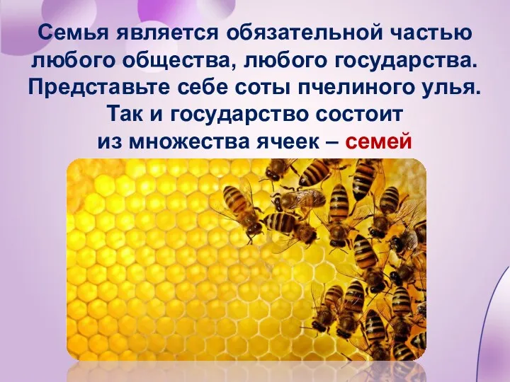 Семья является обязательной частью любого общества, любого государства. Представьте себе соты пчелиного улья.