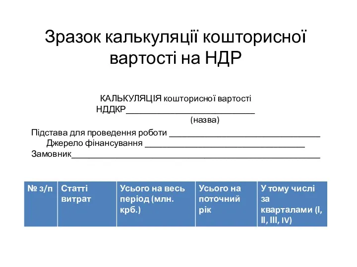 Зразок калькуляції кошторисної вартості на НДР КАЛЬКУЛЯЦІЯ кошторисної вартості НДДКР_____________________________