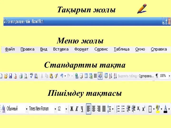 Тақырып жолы Меню жолы Стандартты тақта Пішімдеу тақтасы