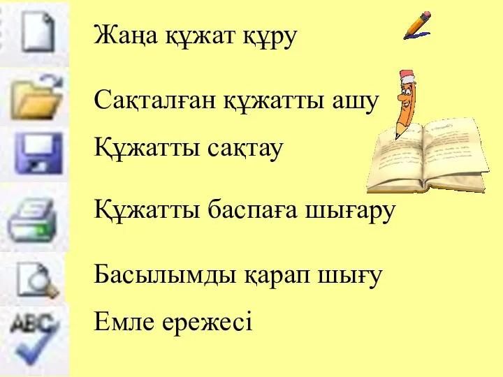 Жаңа құжат құру Сақталған құжатты ашу Құжатты сақтау Құжатты баспаға шығару Басылымды қарап шығу Емле ережесі