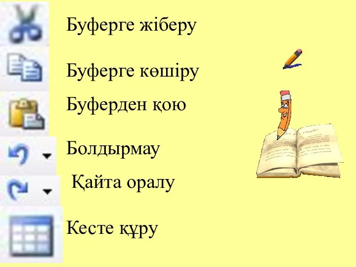 Буферге жіберу Буферге көшіру Буферден қою Болдырмау Қайта оралу Кесте құру