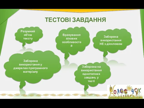 ТЕСТОВІ ЗАВДАННЯ Розумний об’єм тексту Заборона використання НЕ з дієсловом