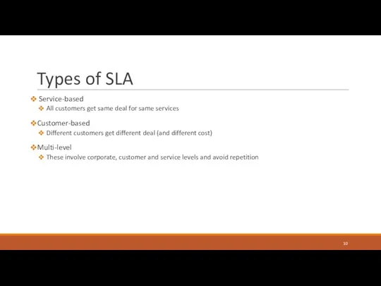 Types of SLA Service-based All customers get same deal for