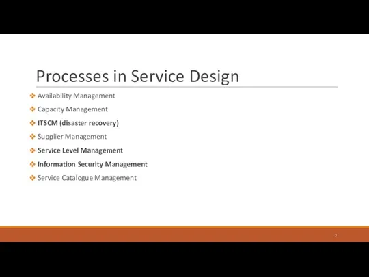 Processes in Service Design Availability Management Capacity Management ITSCM (disaster