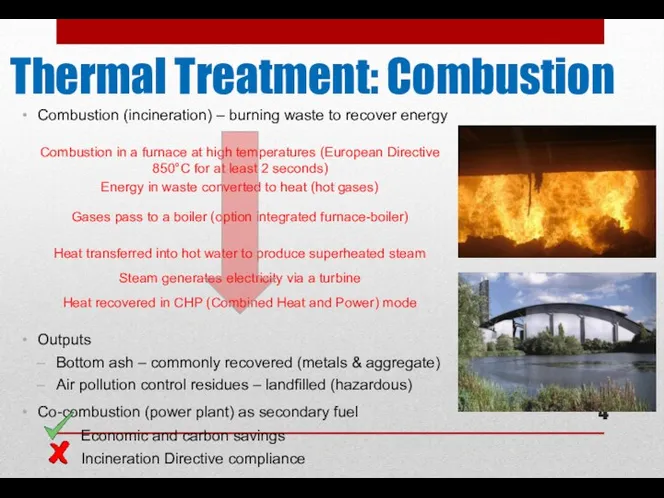 Combustion (incineration) – burning waste to recover energy Combustion in