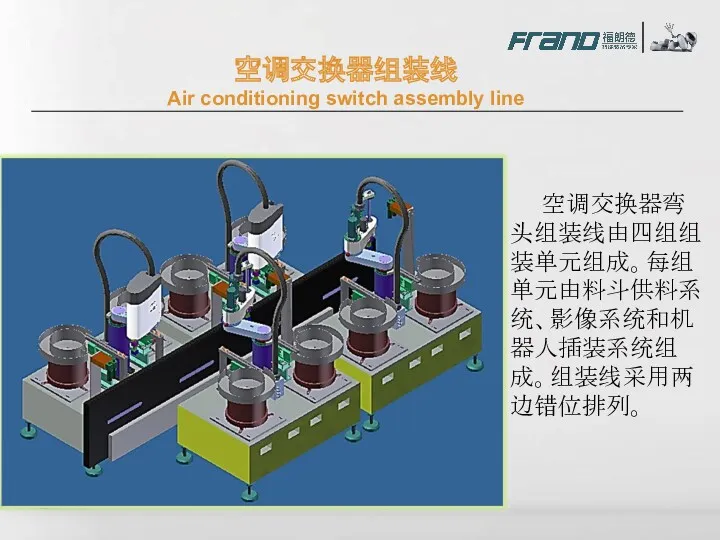 空调交换器组装线 Air conditioning switch assembly line 空调交换器弯头组装线由四组组装单元组成。每组单元由料斗供料系统、影像系统和机器人插装系统组成。组装线采用两边错位排列。