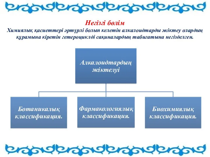 Негізгі бөлім Химиялық қасиеттері әртүрлі болып келетін алкалоидтарды жіктеу олардың құрамына кіретін гетероциклді сақиналардың табиғатына негізделген.