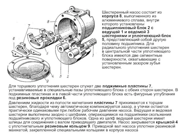 Для торцевого уплотнения шестерен служат две поджимные пластины 7, устанавливаемые