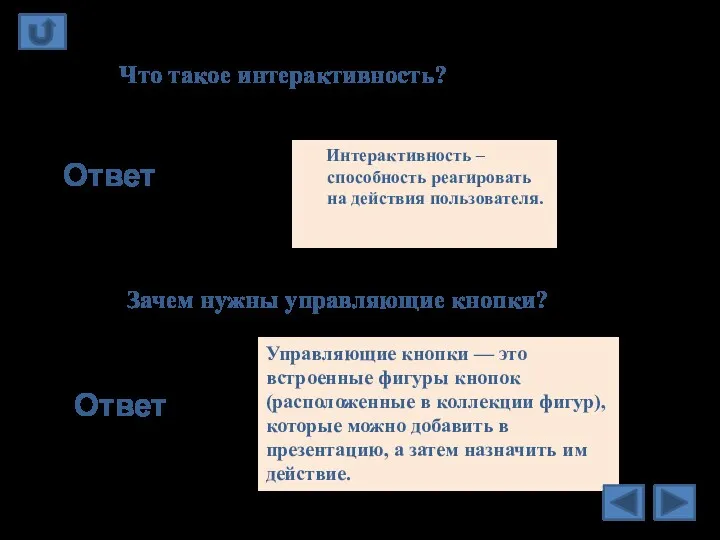 Что такое интерактивность? Ответ Интерактивность – способность реагировать на действия