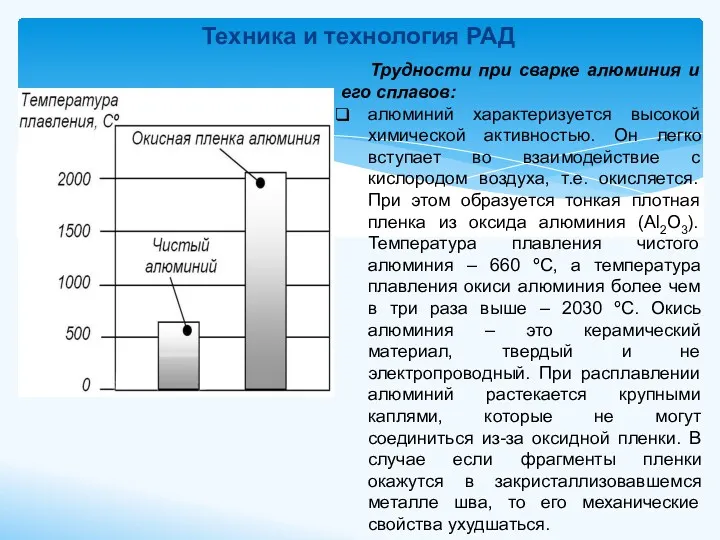 Техника и технология РАД Трудности при сварке алюминия и его