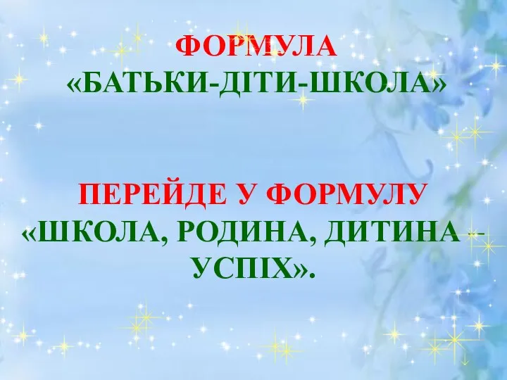 ФОРМУЛА «БАТЬКИ-ДІТИ-ШКОЛА» ПЕРЕЙДЕ У ФОРМУЛУ «ШКОЛА, РОДИНА, ДИТИНА – УСПІХ».