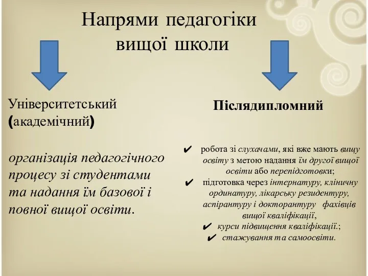 Напрями педагогіки вищої школи Університетський (академічний) Післядипломний організація педагогічного процесу