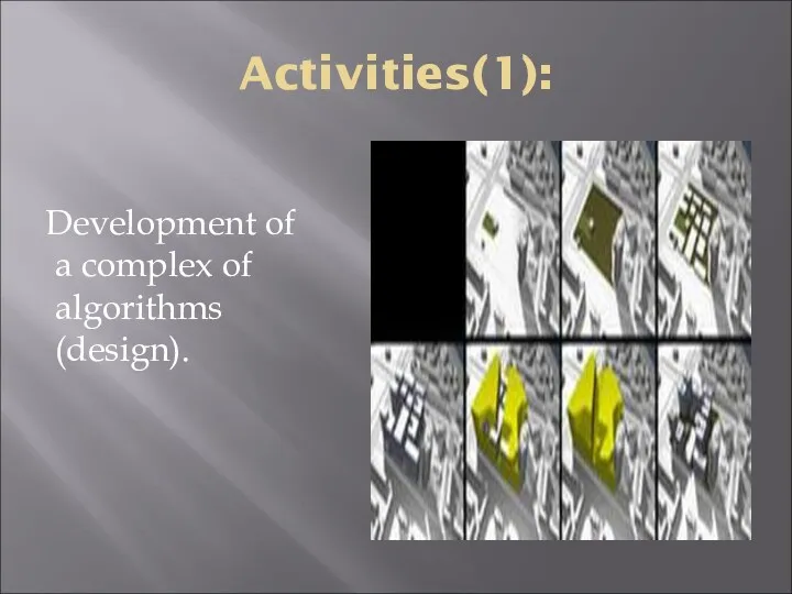 Activities(1): Development of a complex of algorithms (design).