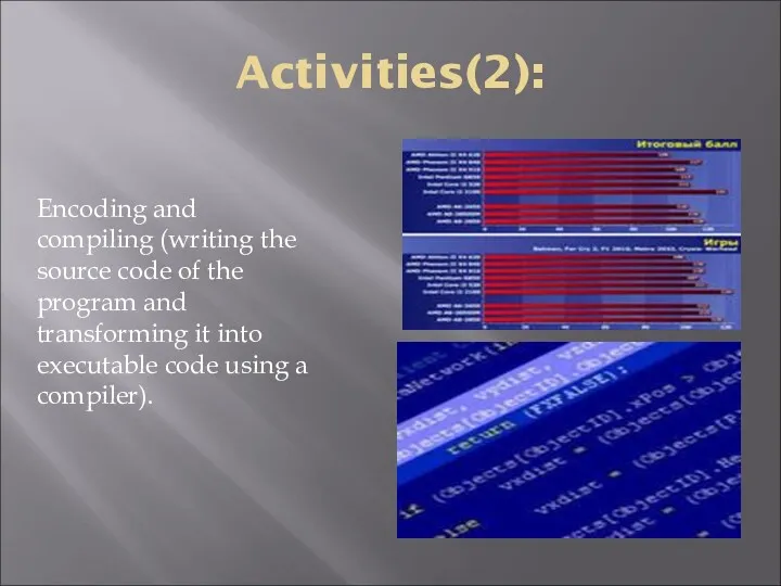 Activities(2): Encoding and compiling (writing the source code of the program and transforming