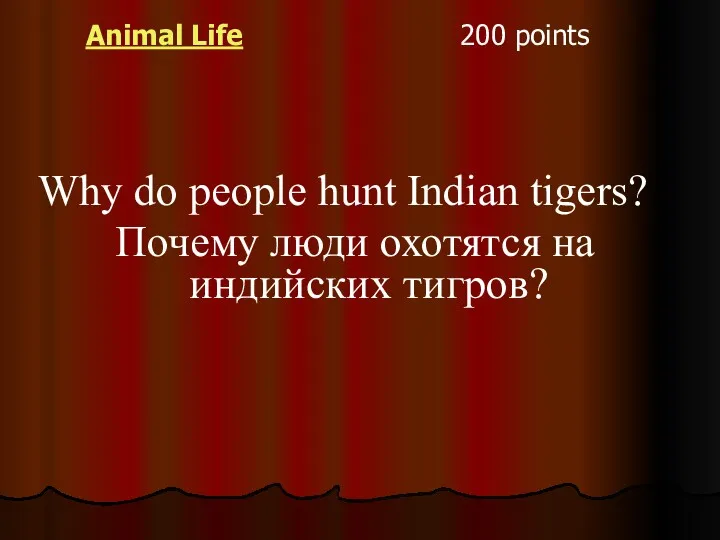 Animal Life 200 points Why do people hunt Indian tigers? Почему люди охотятся на индийских тигров?