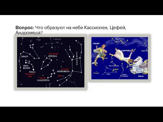 Вопрос: Что образуют на небе Кассиопея, Цефей, Андромеда?