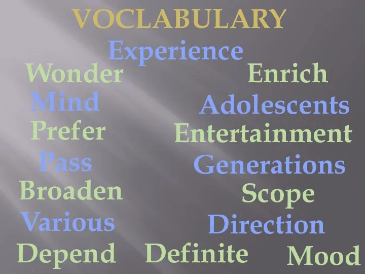 VOCLABULARY Wonder Enrich Mind Adolescents Prefer Entertainment Pass Generations Broaden Scope Various Direction