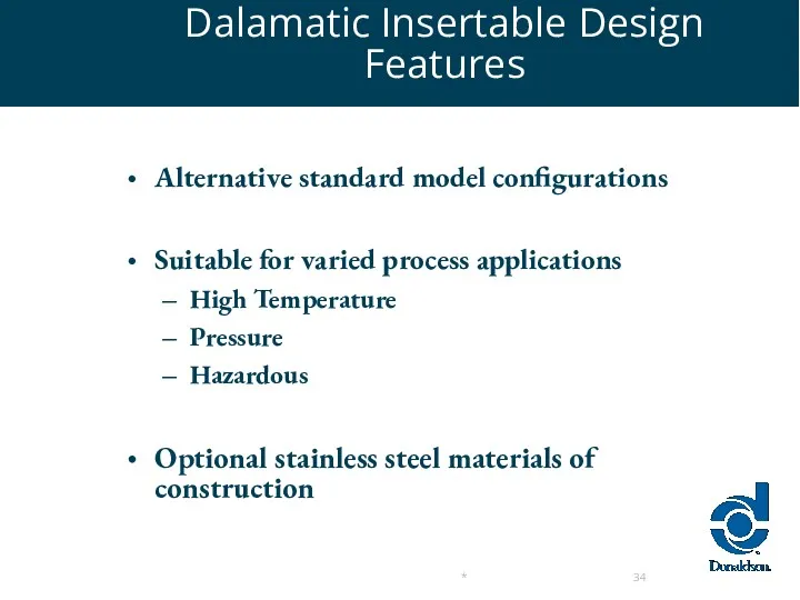 Dalamatic Insertable Design Features Alternative standard model configurations Suitable for