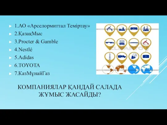 КОМПАНИЯЛАР ҚАНДАЙ САЛАДА ЖҰМЫС ЖАСАЙДЫ? 1.АО «Арселормиттал Теміртау» 2.ҚазақМыс 3.Procter & Gamble 4.Nestlé 5.Аdidas 6.TOYOTA 7.КазМұнайГаз