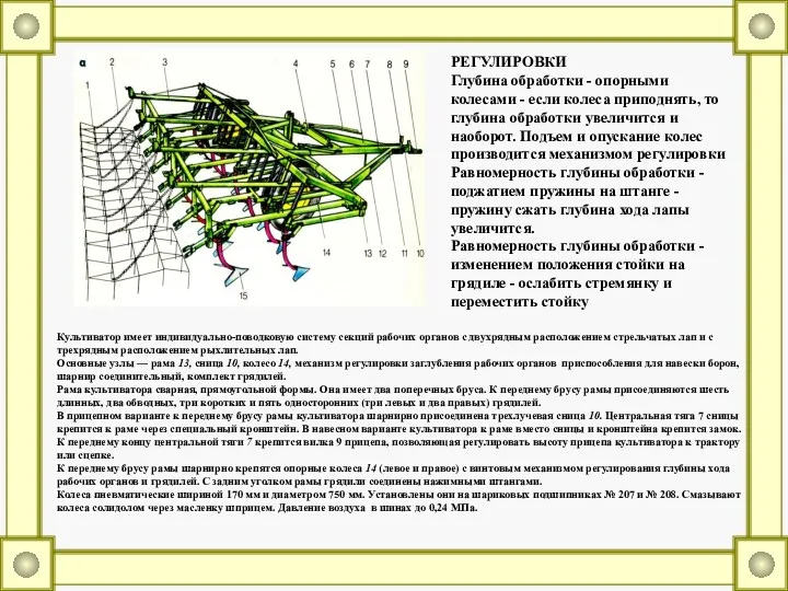 Культиватор имеет индивидуально-поводковую систему секций рабочих органов с двухрядным расположением