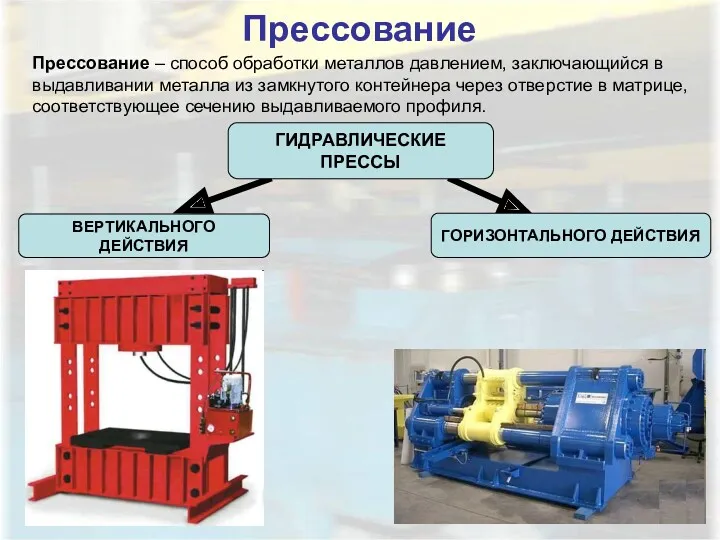 Прессование Прессование – способ обработки металлов давлением, заключающийся в выдавливании