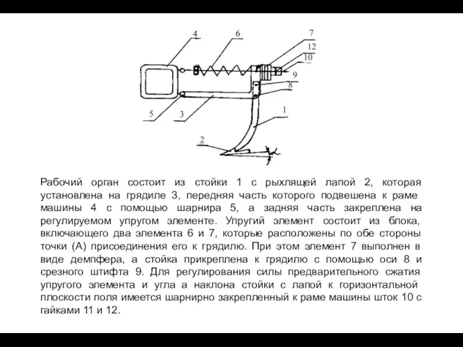 Рабочий орган состоит из стойки 1 с рыхлящей лапой 2,