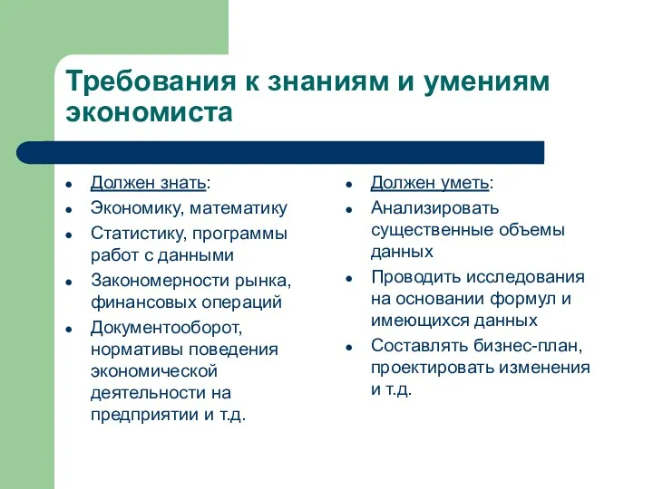 Требования к знаниям и умениям экономиста Должен знать: Экономику, математику