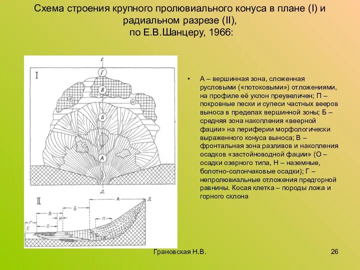 Схема строения крупного пролювиального конуса в плане (I) и радиальном разрезе (II), по