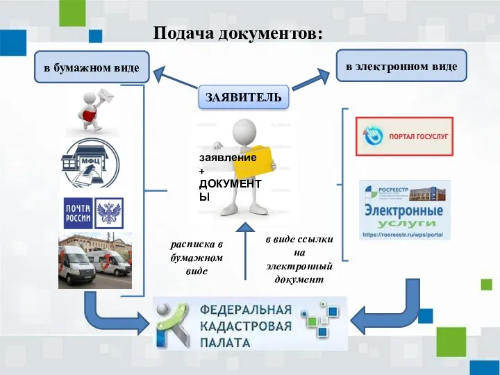 Подача документов: ЗАЯВИТЕЛЬ заявление + ДОКУМЕНТЫ в бумажном виде в