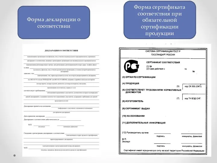 Форма декларации о соответствии Форма сертификата соответствия при обязательной сертификации продукции