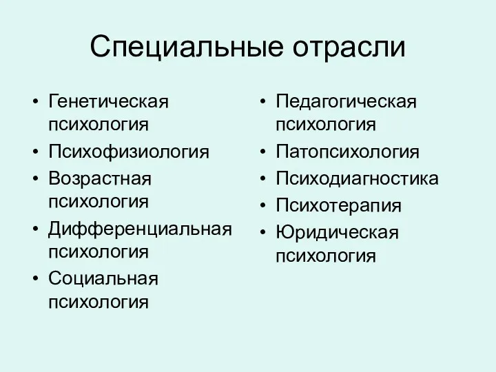 Специальные отрасли Генетическая психология Психофизиология Возрастная психология Дифференциальная психология Социальная